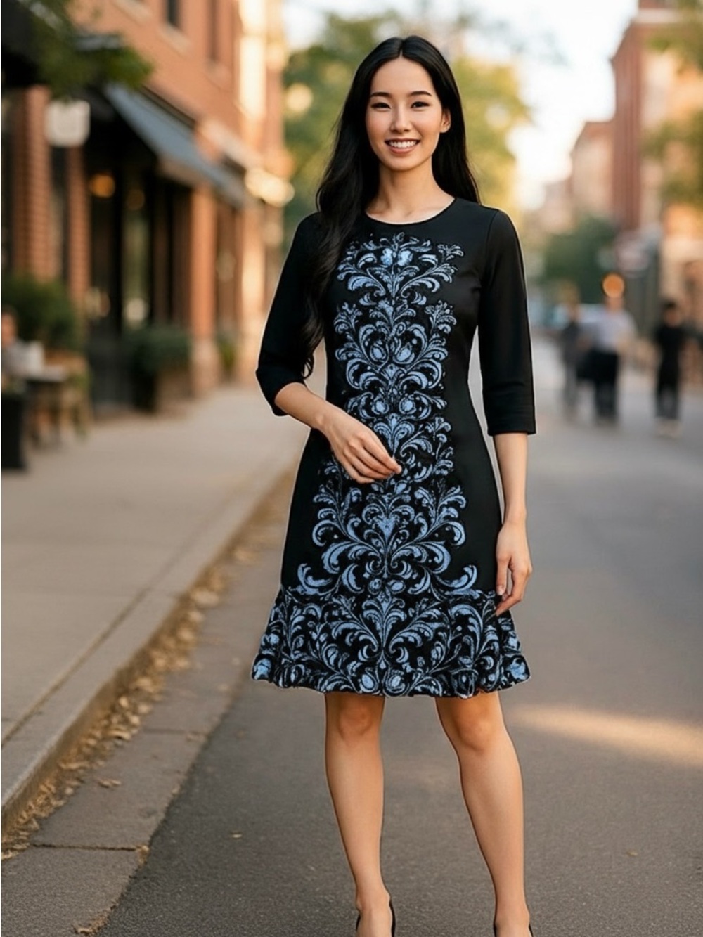 White House Black Market Black,‎ Floral Damask Print Midi Dress, Size M, NWT